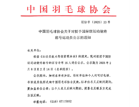 中国羽毛球协会关于对授予国际级运动健...